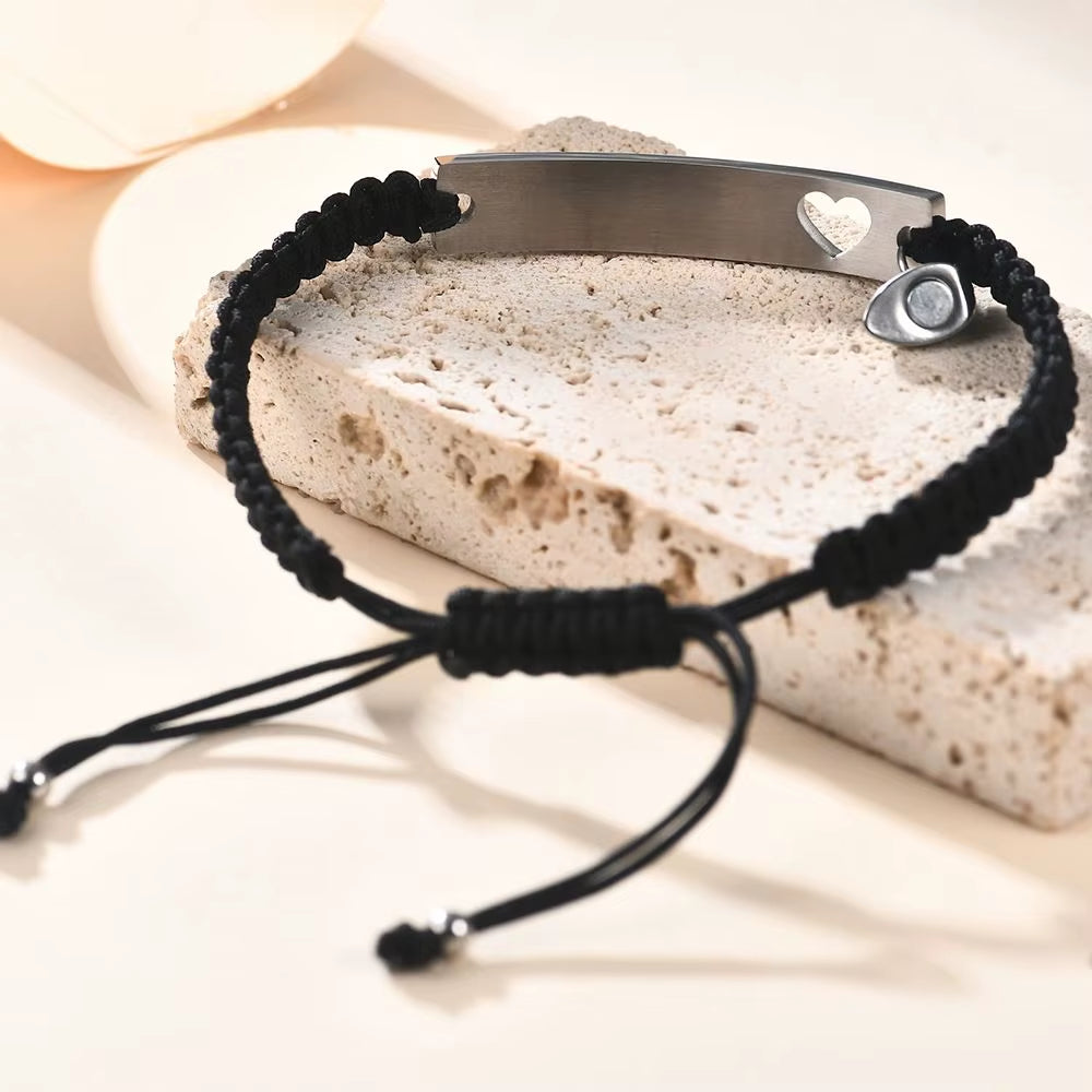 Custom Stainless Steel Couple Bracelet Set Black Woven with Heart Magnetic Suction Bracelet for Women Men Jewelry Accessories